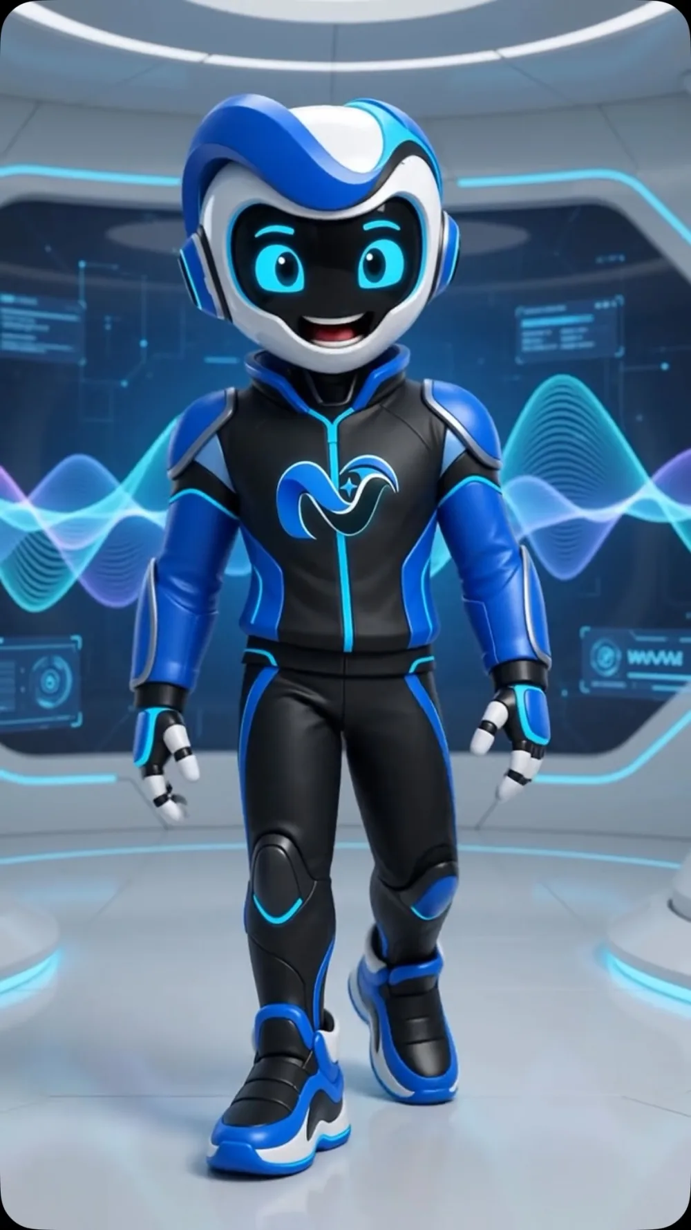 Wave, o mascote 3D azul, preto e ciano da Next Wave